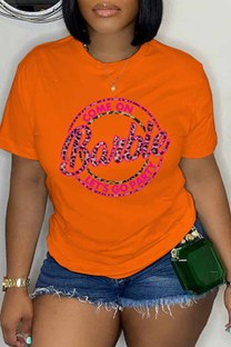 Orange Casual Print Letter O Neck T-Shirts