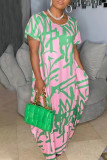 Green Fashion Casual Print Patchwork O Neck Long Dress Plus Size Dresses