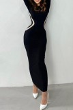 Black Casual Patchwork Contrast O Neck Long Sleeve Dresses