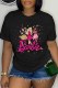 Black Casual Character Print Letter O Neck T-Shirts