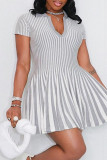 Red Casual Striped Print Patchwork V Neck Short Sleeve Dress
