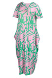 Green Fashion Casual Print Patchwork O Neck Long Dress Plus Size Dresses