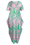 Green Fashion Casual Print Patchwork O Neck Long Dress Plus Size Dresses