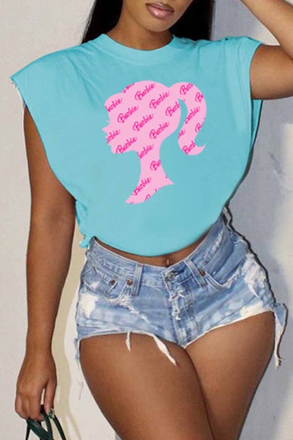Light Blue Street Print Letter O Neck Tops