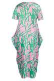 Green Fashion Casual Print Patchwork O Neck Long Dress Plus Size Dresses
