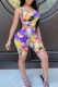 Yellow Casual Print Tie Dye Letter U Neck Sleeveless Two Pieces