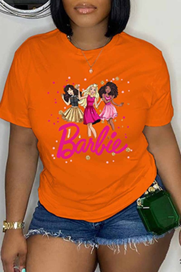 Orange Casual Character Print Letter O Neck T-Shirts
