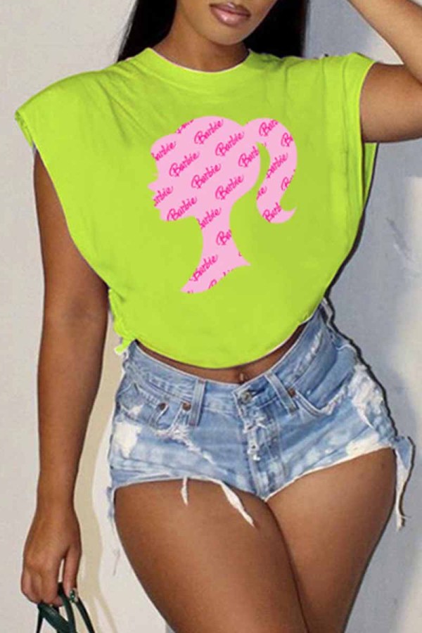 Light Green Street Print Letter O Neck Tops