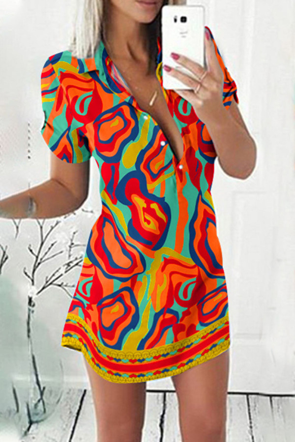 Multi-color Casual Print Buckle V Neck A Line Dresses