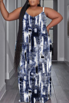 Dark Blue Casual Print Backless Spaghetti Strap Long Dress Plus Size Dresses