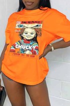 Orange Casual Figure Print Letter O Neck T-Shirts