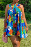 Blue Casual Daily Simplicity Mixed Printing Printing Contrast A Line Dresses