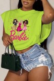 Pink Street Character Print Letter O Neck Tops
