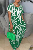 Green Fashion Casual Print Patchwork O Neck Long Dress Plus Size Dresses
