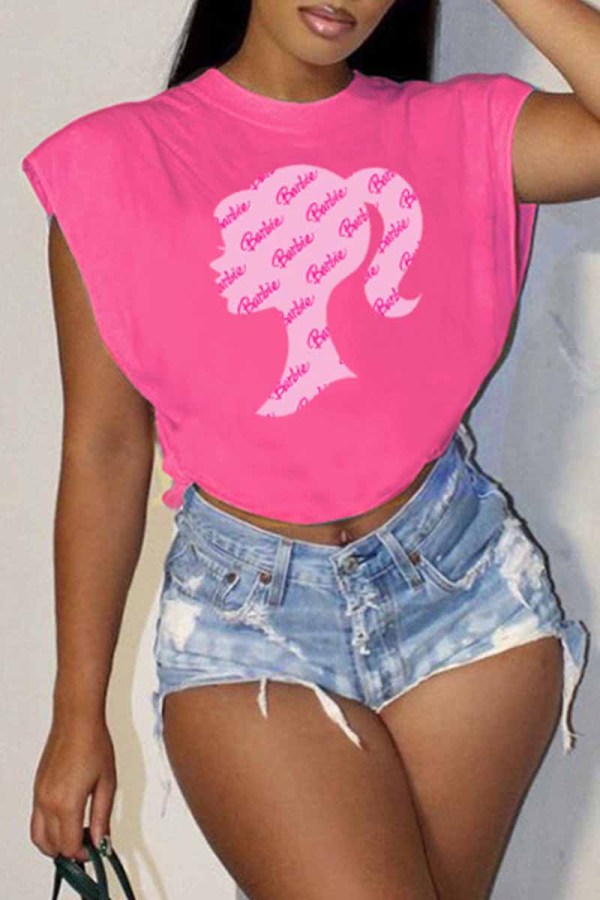 Rose Red Street Print Letter O Neck Tops