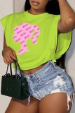 Pink Street Print Letter O Neck Tops