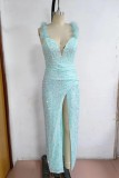 Pink Sexy Formal Patchwork Backless Slit Spaghetti Strap Evening Dress Dresses