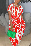 Green Fashion Casual Print Patchwork O Neck Long Dress Plus Size Dresses