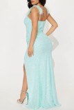 Pink Sexy Formal Patchwork Backless Slit Spaghetti Strap Evening Dress Dresses