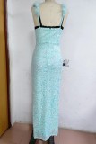 Pink Sexy Formal Patchwork Backless Slit Spaghetti Strap Evening Dress Dresses