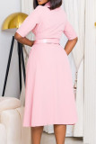 Pink Elegant Solid Patchwork Buckle V Neck A Line Dresses(With a belt)