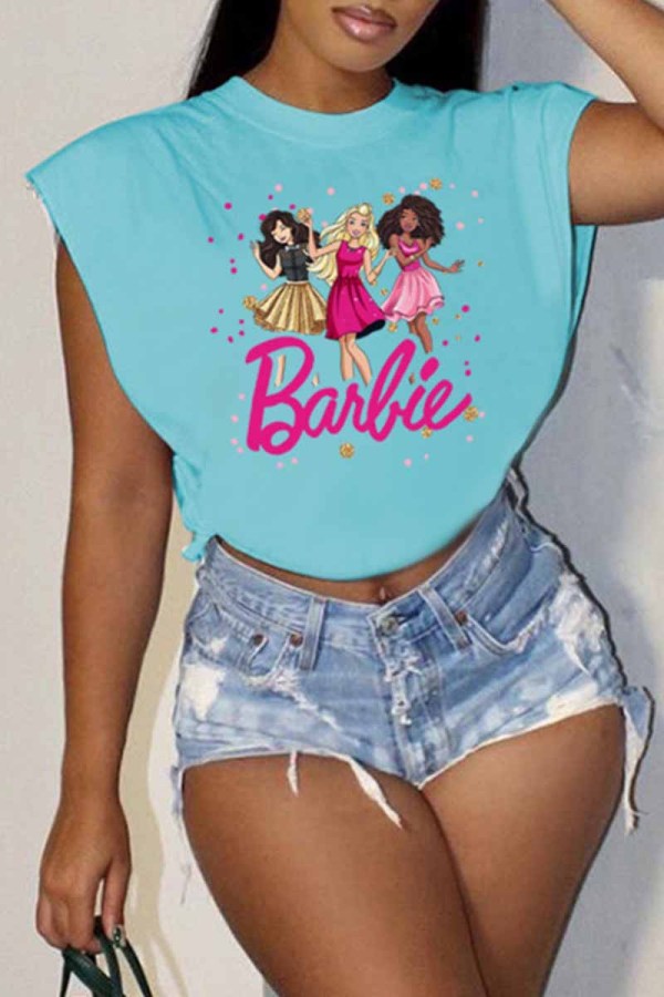 Light Blue Street Character Print Letter O Neck Tops