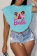 Light Blue Street Character Print Letter O Neck Tops