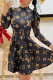 Black Vintage Print Letter Mandarin Collar A Line Dresses