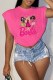 Rose Red Street Character Print Letter O Neck Tops