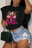 Pink Street Character Print Letter O Neck Tops