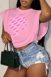 Pink Street Print Letter O Neck Tops