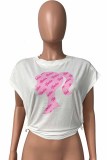 Pink Street Print Letter O Neck Tops