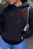 Black Daily Vintage Print Draw String Letter Hooded Collar Tops