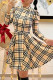 Khaki Vintage Striped Patchwork Mandarin Collar A Line Dresses
