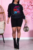 Black Casual Print Patchwork O Neck Tops