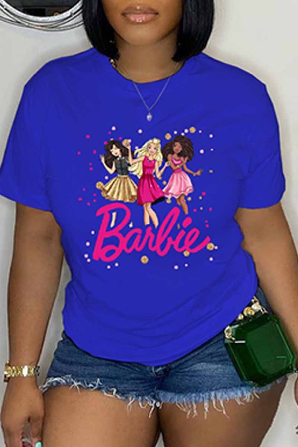 Blue Casual Character Print Letter O Neck T-Shirts