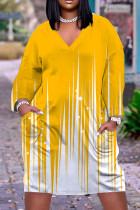 Yellow Casual Print Basic V Neck Long Sleeve Dresses
