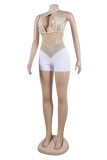 White Sexy Patchwork Hot Drilling Hollowed Out Backless Halter Skinny Romper