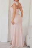 Pink Sexy Formal Patchwork Backless Slit Spaghetti Strap Evening Dress Dresses
