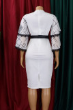 Black Casual Work Solid Patchwork With Belt O Neck One Step Skirt Dresses