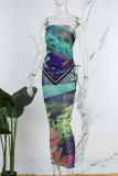 Green Sexy Print Frenulum Backless Strapless Sleeveless Two Pieces