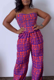 Fuchsia Casual Daily Elegant Print Printing Off the Shoulder Sleeveless Two Pieces