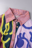 Blue Casual Print Patchwork Turndown Collar Tops