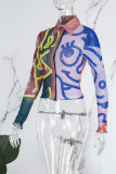 Blue Casual Print Patchwork Turndown Collar Tops