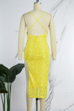 Yellow Sexy Solid Sequins Backless High Opening Spaghetti Strap Irregular Dress Dresses