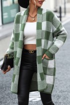 Green Casual Plaid Cardigan Outerwear