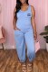 Sky Blue Casual Print Letter U Neck Jumpsuits