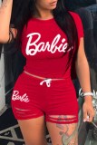 Red Casual Print Ripped Letter O Neck Short Sleeve Two Pieces
