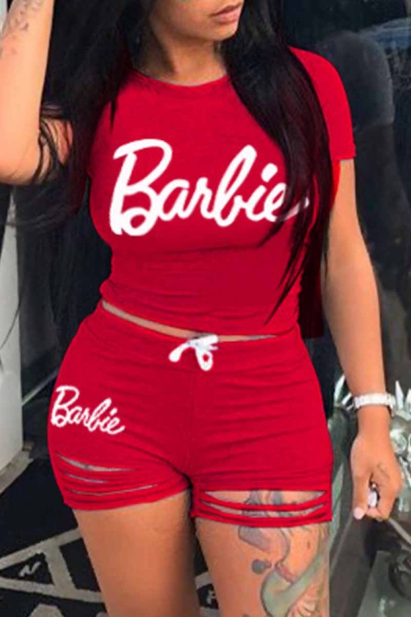 Red Casual Print Ripped Letter O Neck Short Sleeve Two Pieces