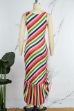 Multicolor Casual Striped Hollowed Out Patchwork Metal Accessories Decoration High Opening U Neck Irregular Dress Dresses